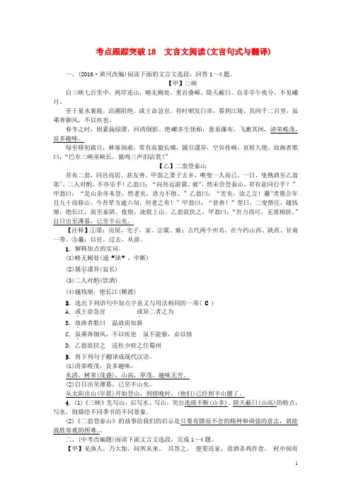 中考语文总复习 考点跟踪突破 18文言文阅读(文言句式与翻译)