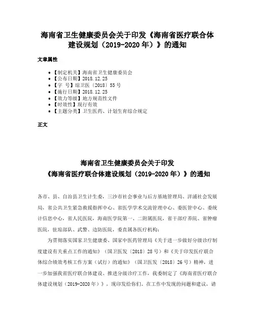 海南省卫生健康委员会关于印发《海南省医疗联合体建设规划（2019-2020年）》的通知