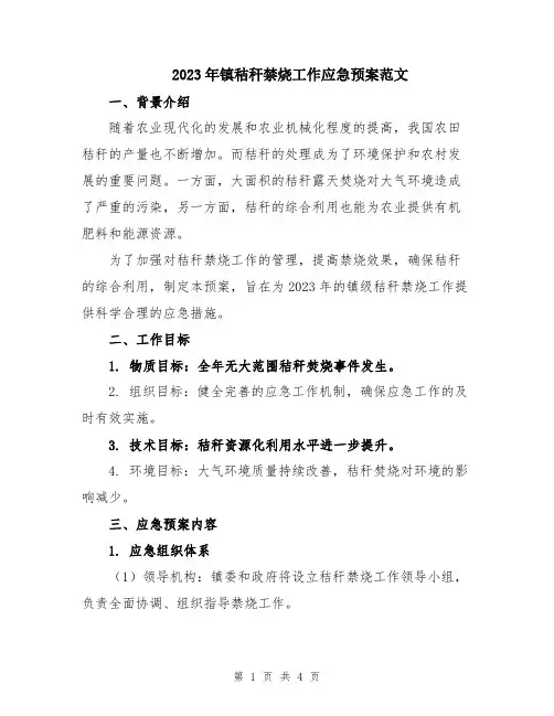 2023年镇秸秆禁烧工作应急预案范文