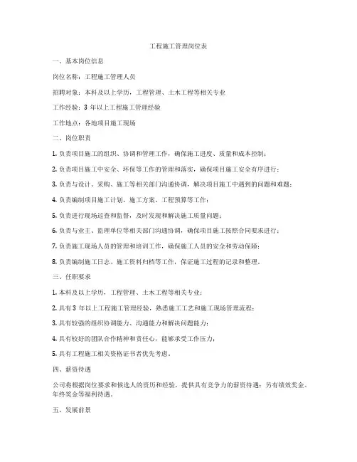 工程施工管理岗位表