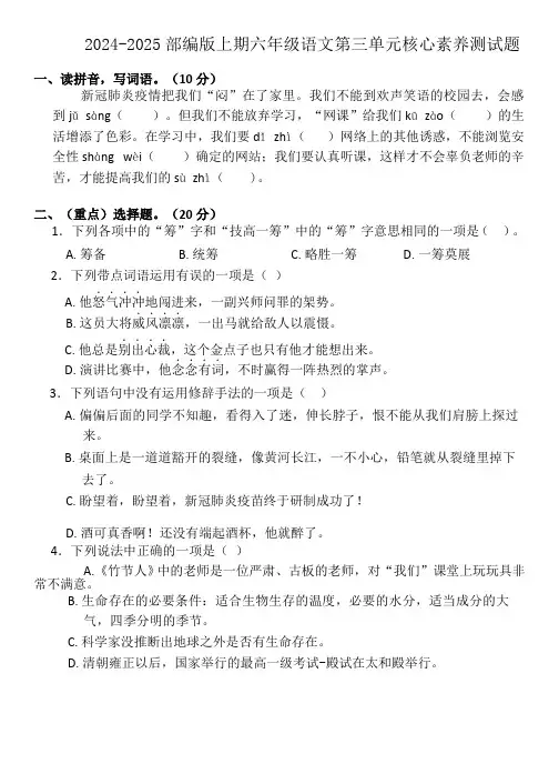 第三单元核心素养题-2024-2025学年语文六年级上册统编版