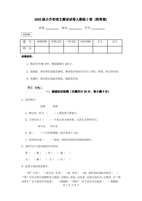 2020版小升初语文测试试卷人教版C卷 (附答案)