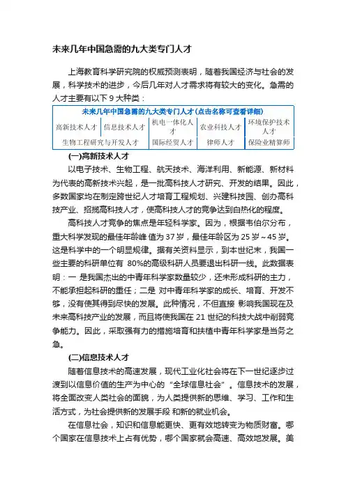 未来几年中国急需的九大类专门人才