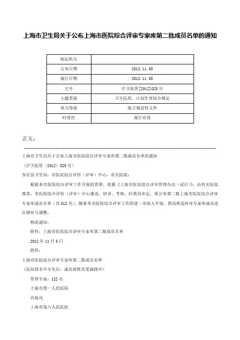 上海市卫生局关于公布上海市医院综合评审专家库第二批成员名单的通知-沪卫医管[2012]025号