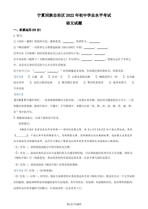2022年宁夏回族自治区中考语文真题(解析版)