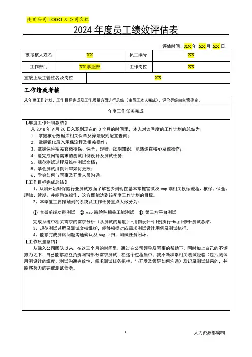 2024年度员工绩效评估表