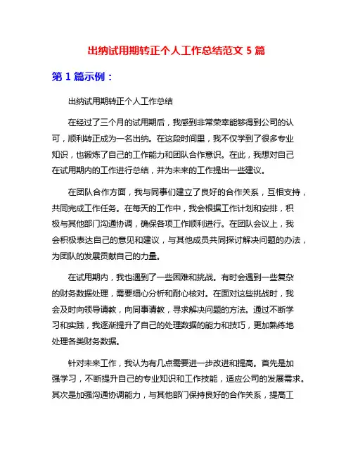 出纳试用期转正个人工作总结范文5篇