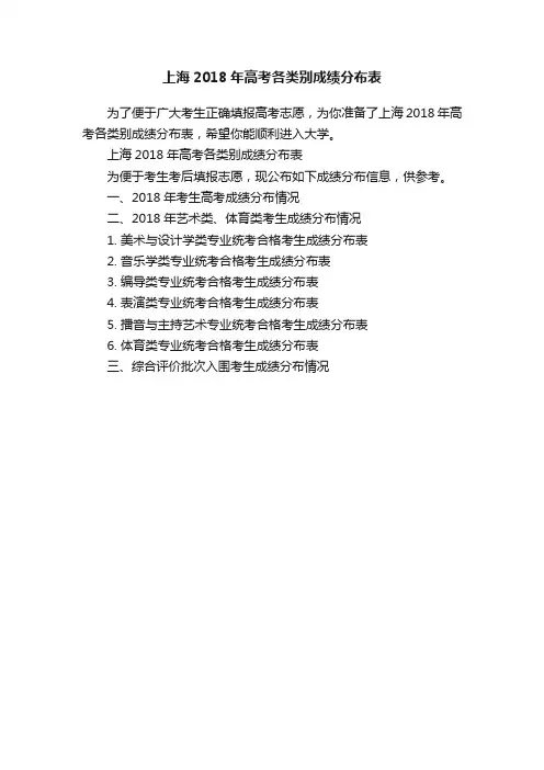 上海2018年高考各类别成绩分布表