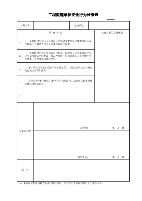 工程监理单位安全行为检查表