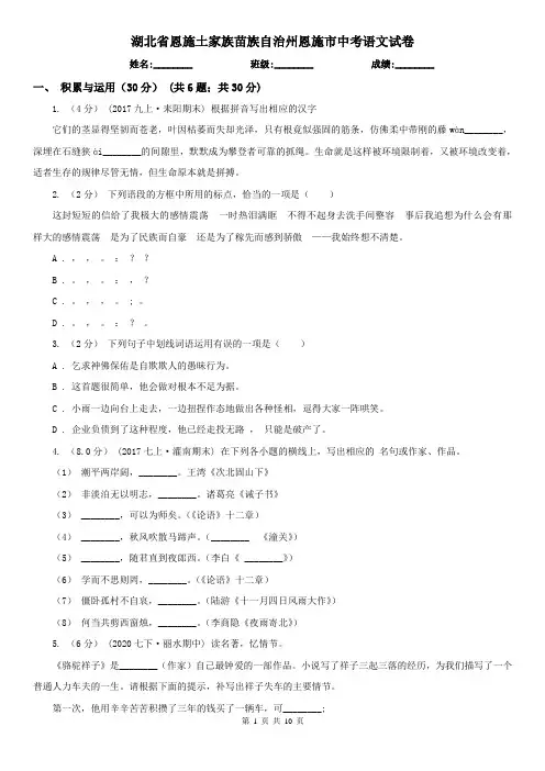 湖北省恩施土家族苗族自治州恩施市中考语文试卷