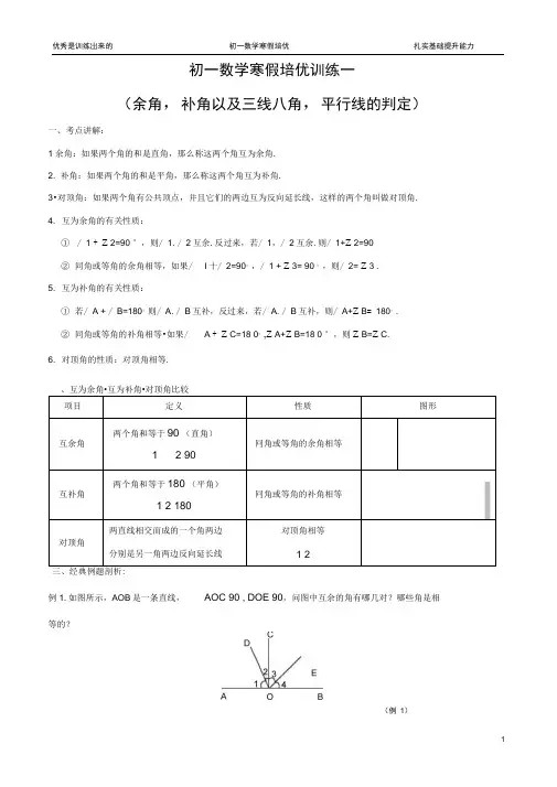 初一数学下寒假培优训练讲义--平行线