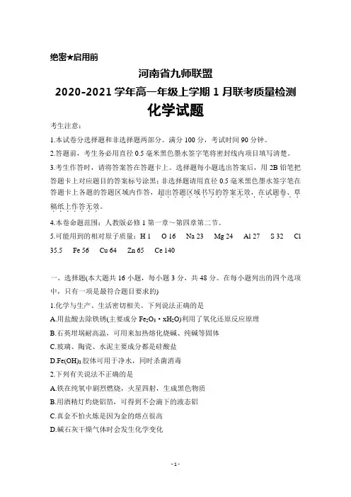 河南省九师联盟2020-2021学年高一年级上学期1月联考检测化学试题及答案