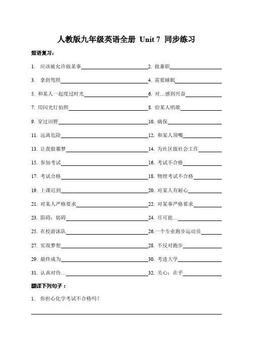 人教版九年级英语全册 Unit 7 同步练习(含答案)