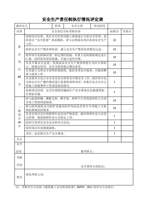 安全生产责任制执行情况评定表(安全主管)