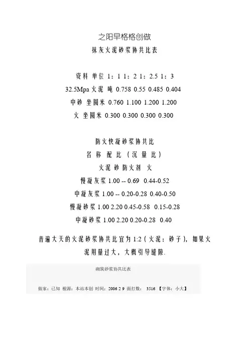 水泥砂浆配合比表