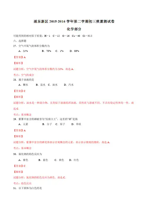 上海市浦东新区2016届九年级中考二模化学试题解析(解析版)