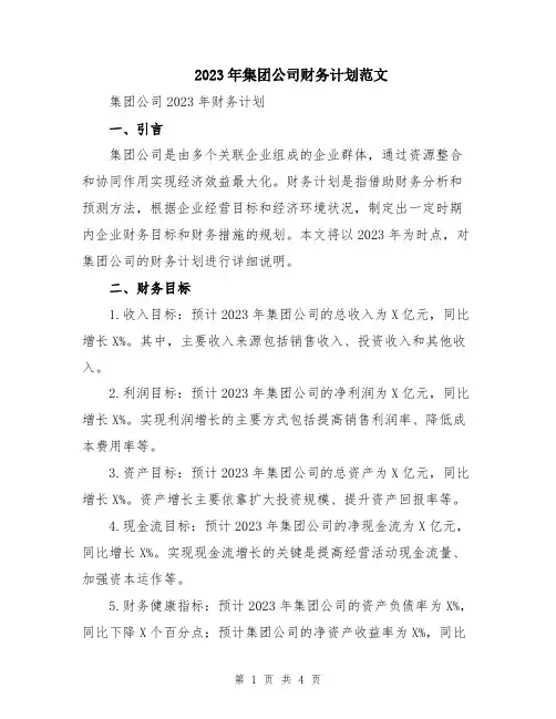 2023年集团公司财务计划范文