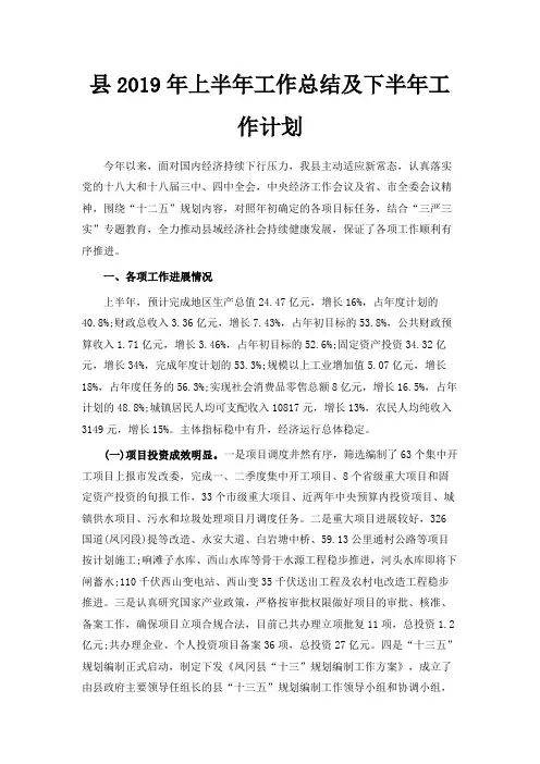 最新-县2019年上半年工作总结及下半年工作计划 精品