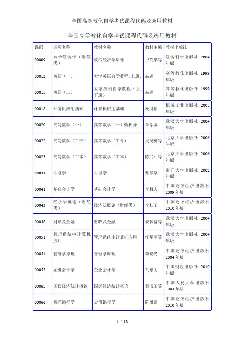 全国高等教育自学考试课程代码及选用教材