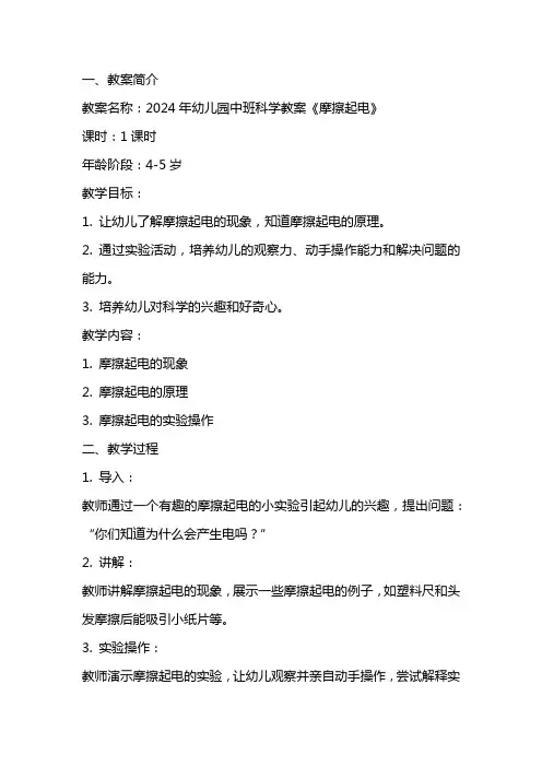 2024年幼儿园中班科学教案《摩擦起电》