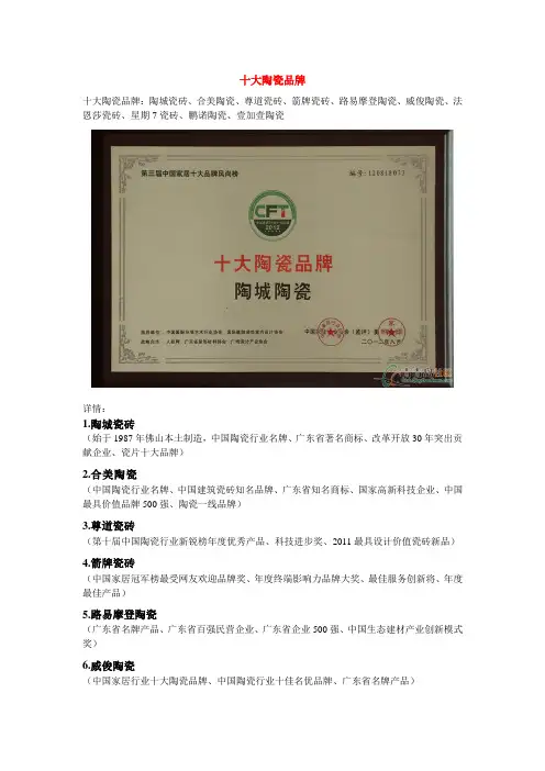 十大陶瓷品牌排行榜