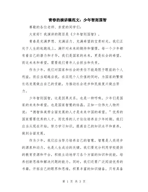 青春的演讲稿范文：少年智则国智