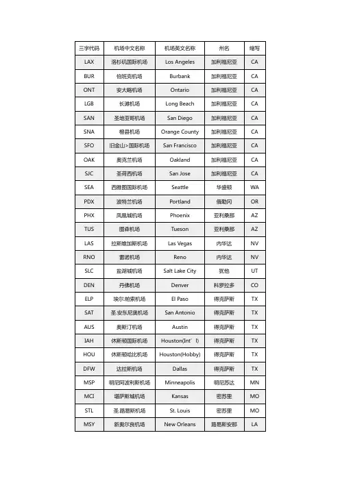 美国机场三字代码