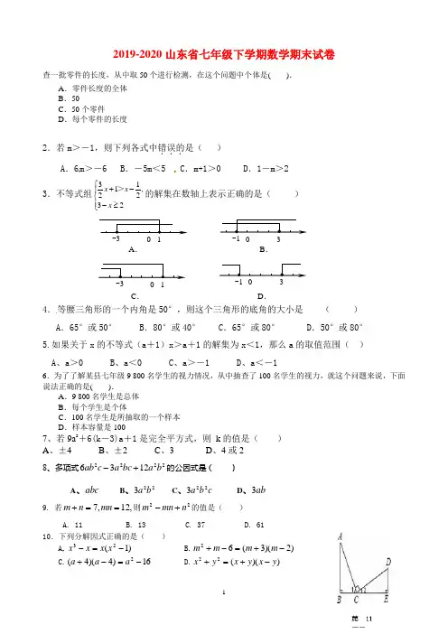 2019-2020年山东省七年级下学期数学期末试卷