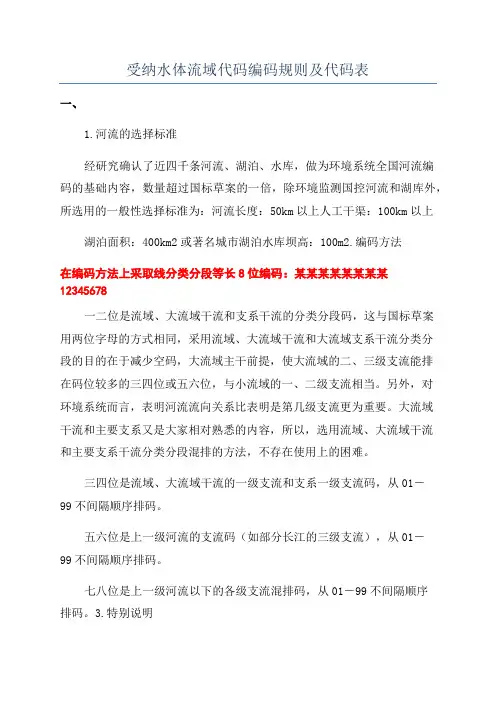 受纳水体流域代码编码规则及代码表
