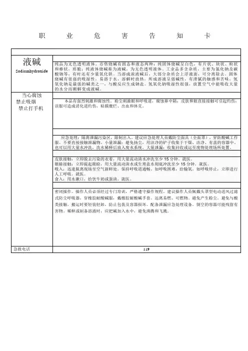 职 业 危 害 告 知 卡(液碱)