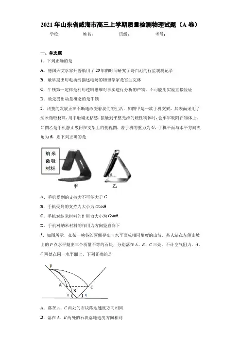 2021年山东省威海市高三上学期质量检测物理试题(A卷)