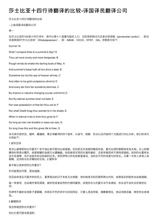 莎士比亚十四行诗翻译的比较-译国译民翻译公司