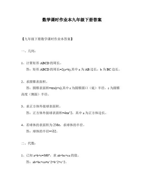 数学课时作业本九年级下册答案