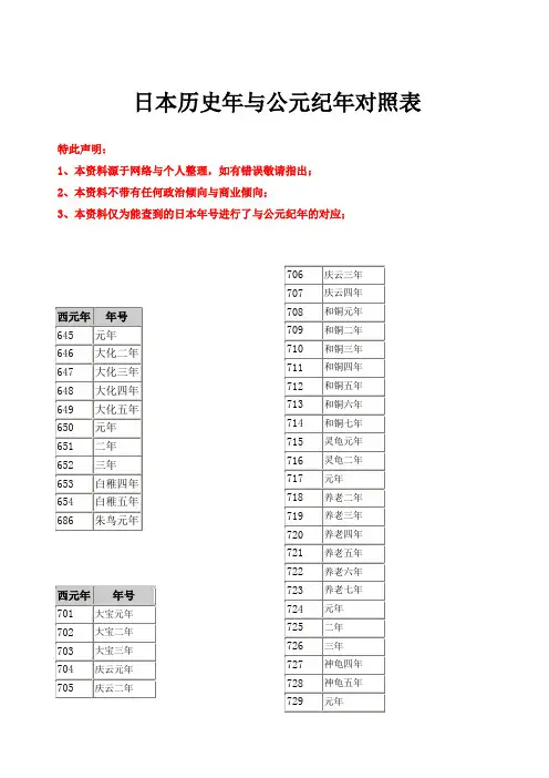 日本历史年与公元纪年对照表 公元 至