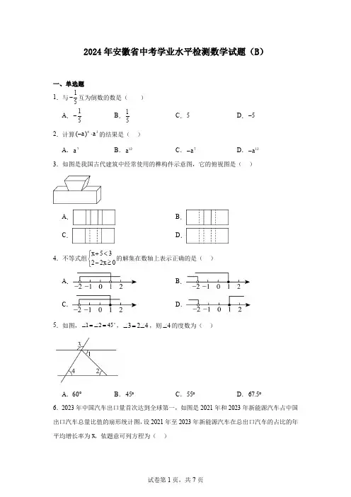 2024年安徽省中考学业水平检测数学试题(B)
