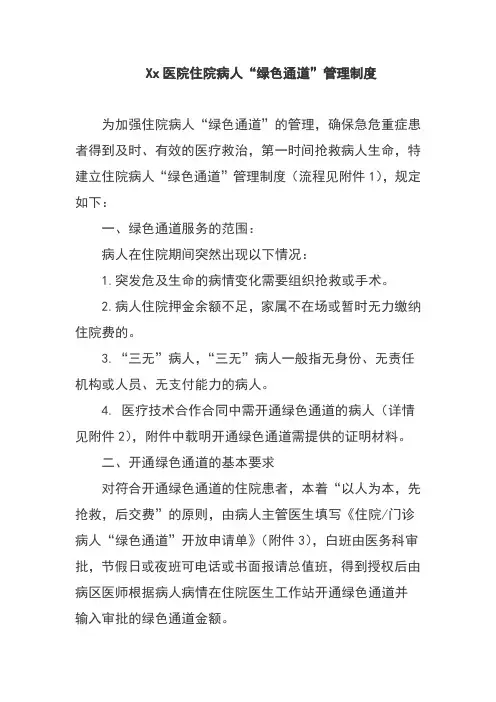 Xx医院住院病人“绿色通道”管理制度