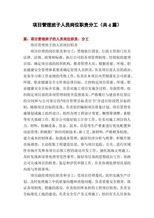 项目管理班子人员岗位职责分工(共4篇)