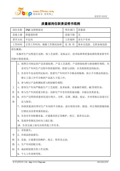 IPQC过程检验员岗位职责说明书