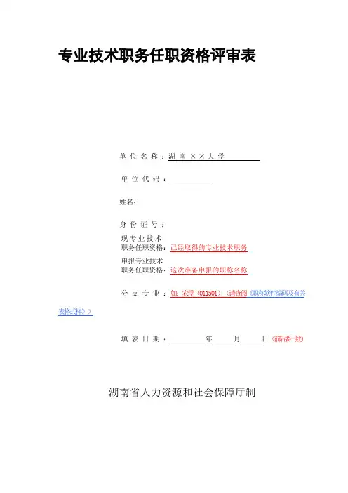 湖南省专业技术职务任职资评审表填写说明