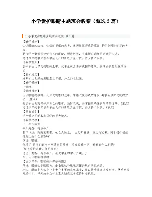 小学爱护眼睛主题班会教案(甄选3篇)