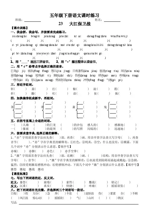 苏教版五年级下册语文第23课 大江保卫战 课时练习