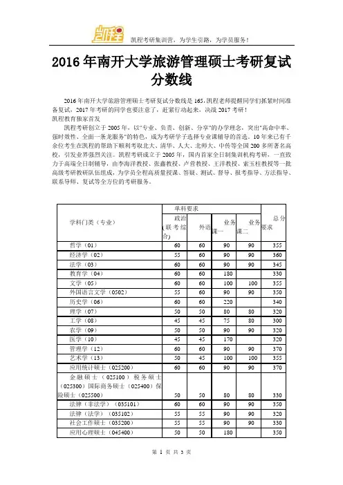 2016年南开大学旅游管理硕士考研复试分数线