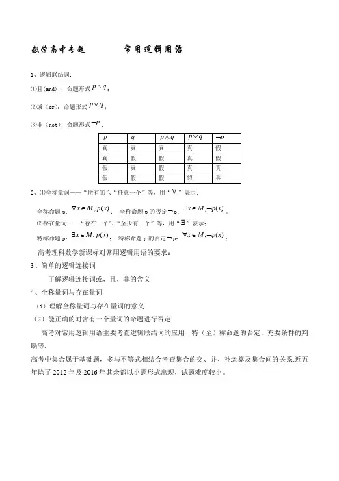 数学高中专题     常用逻辑用语