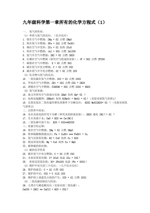 九上年级科学化学方程式