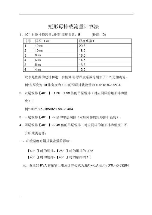铜排载流量计算表及母线槽铜排规格