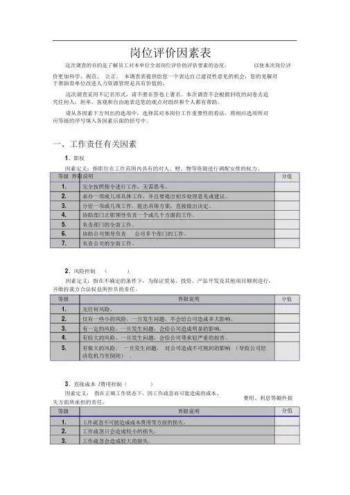 岗位评价评估要素评价量表