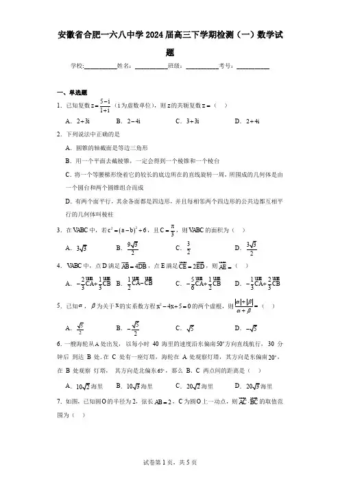 安徽省合肥一六八中学2024届高三下学期检测(一)数学试题