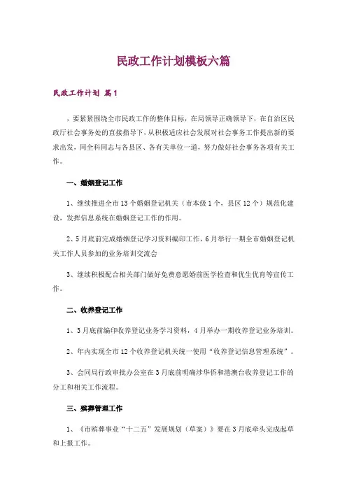 民政工作计划模板六篇