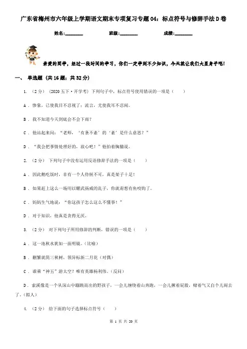 广东省梅州市六年级上学期语文期末专项复习专题04：标点符号与修辞手法D卷