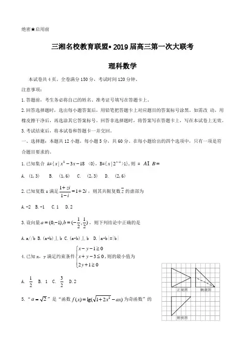 湖南省三湘名校2019届高三第一次大联考数学(理)试卷含答案